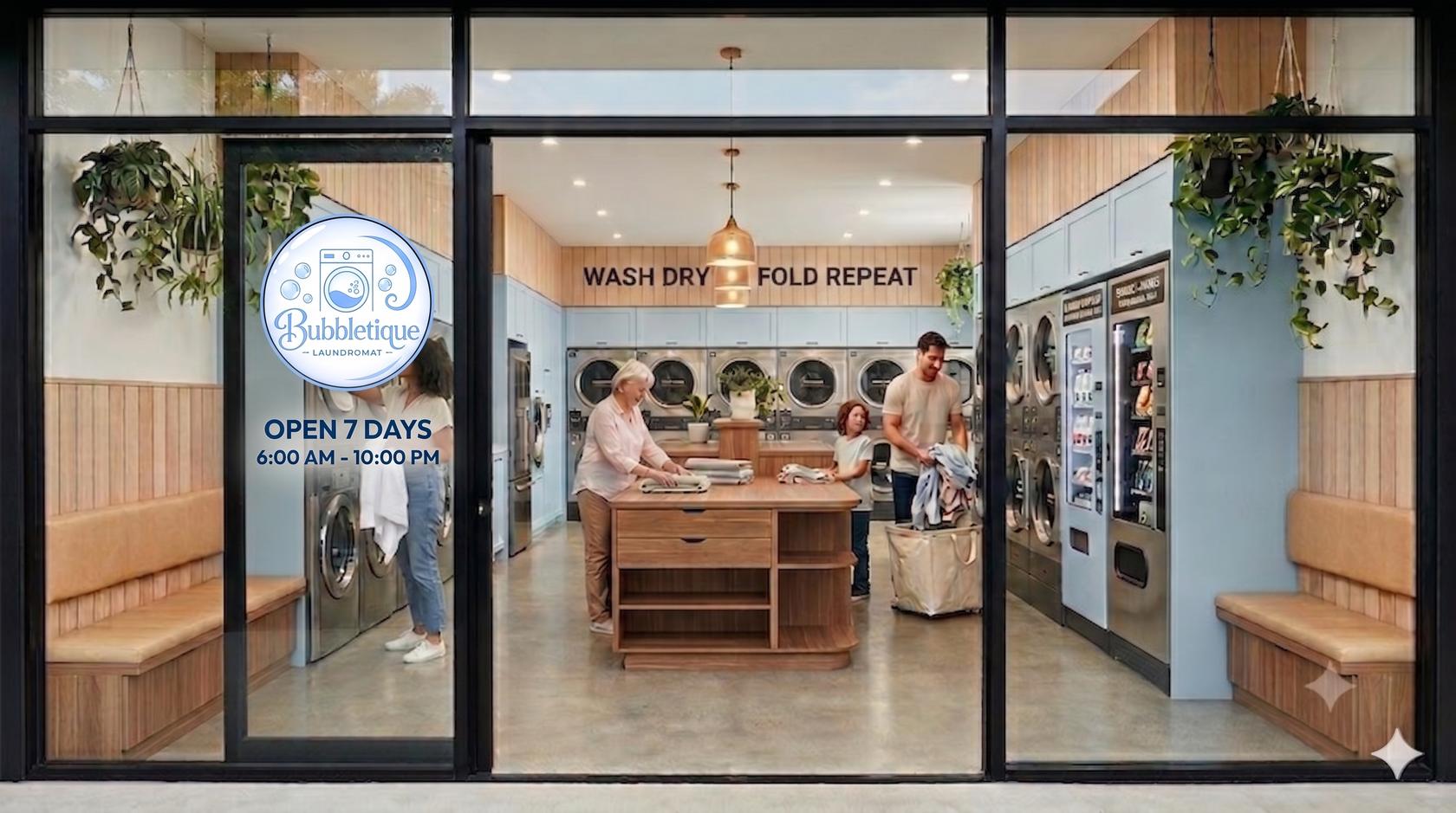 Inside the bright, modern Bubbletique laundromat in Wahroonga